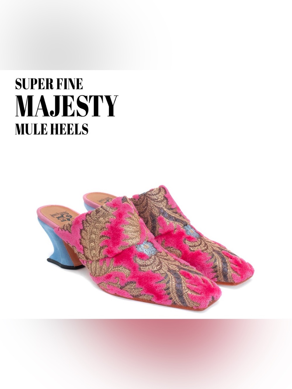 Fluevog NEW W/ BOX Super Fine Majesty pink jacquard blue suede heeled mules -8
